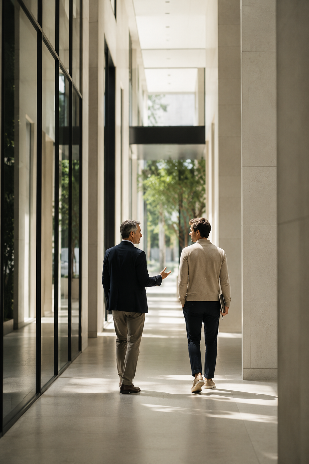 Adviser and client walking together in conversation through a light-filled office corridor