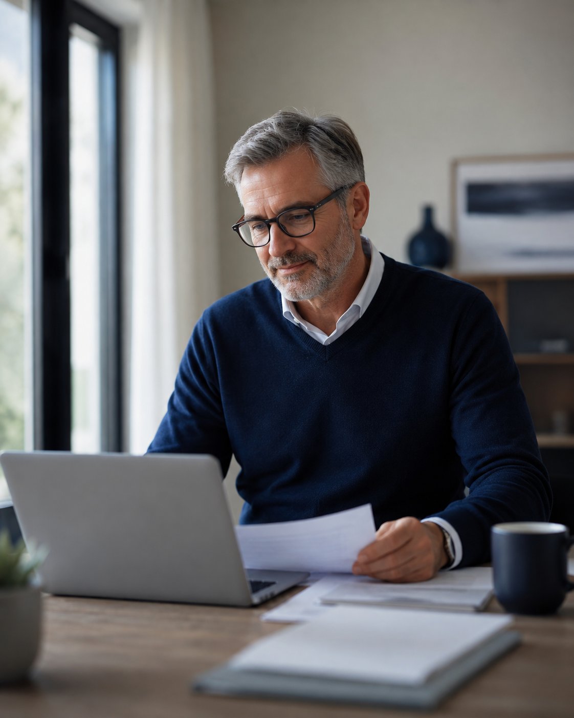 Person sitting thoughtfully at a home desk with paperwork, reflecting on estate and legacy planning