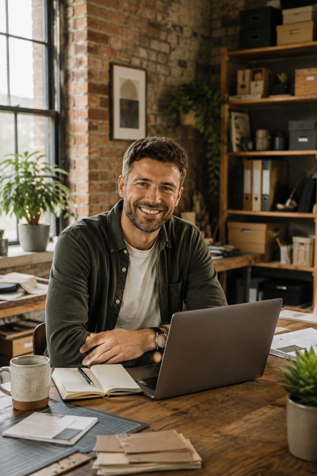 Self-employed business owner working confidently at a desk in their own workspace