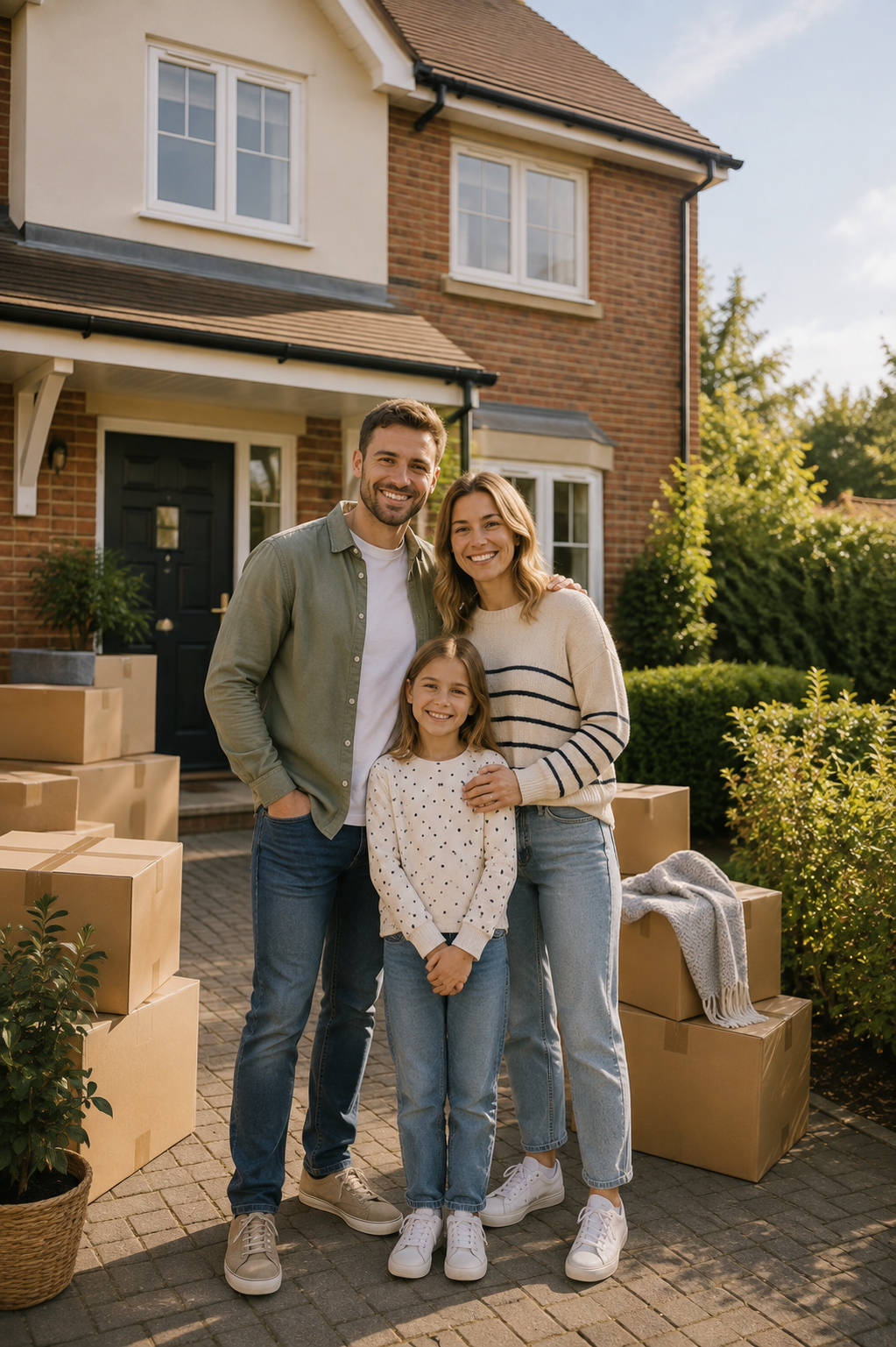Family with moving boxes outside their new home, smiling as they move to their next chapter