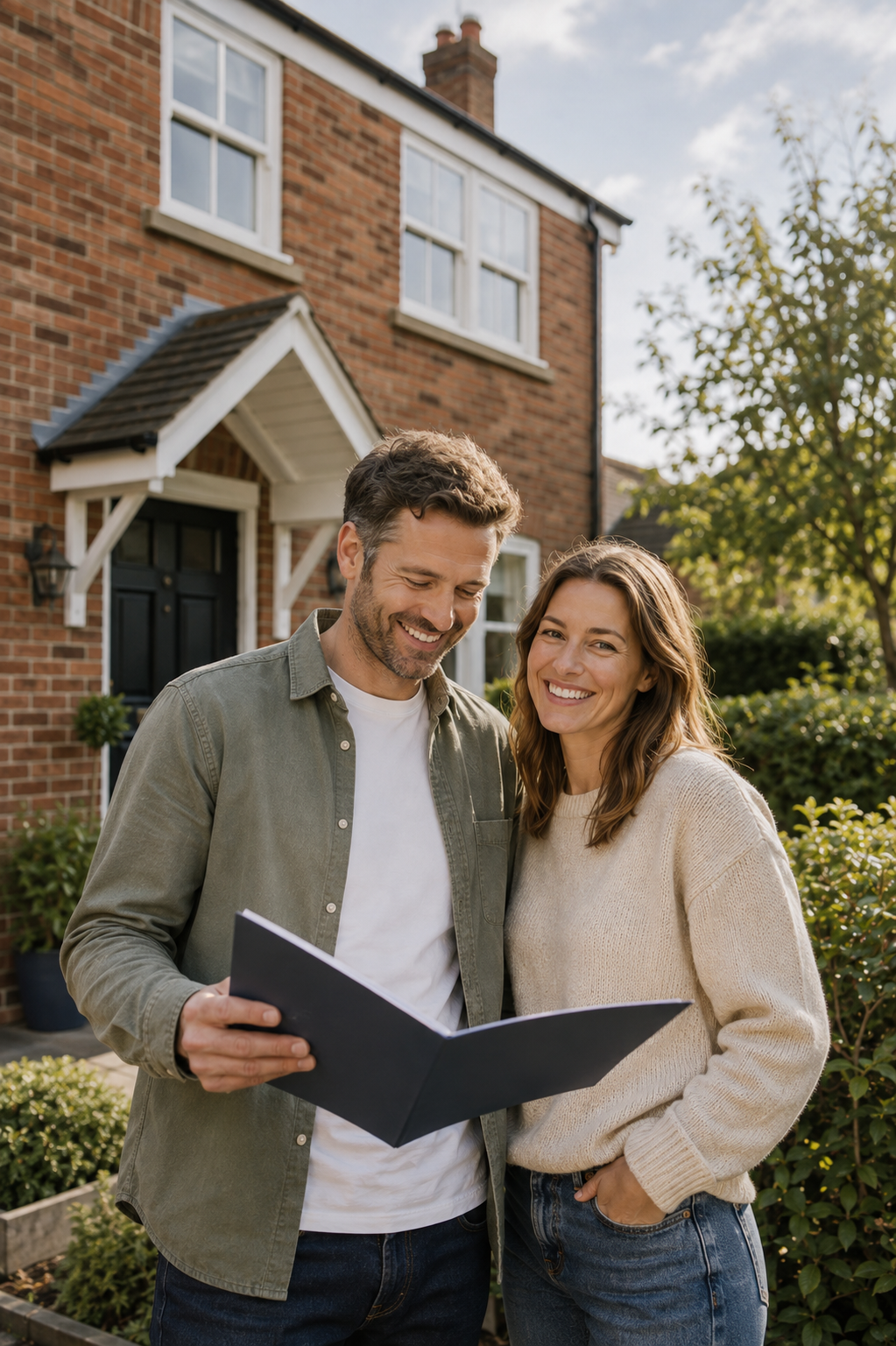 Couple reviewing remortgage paperwork together outside their home