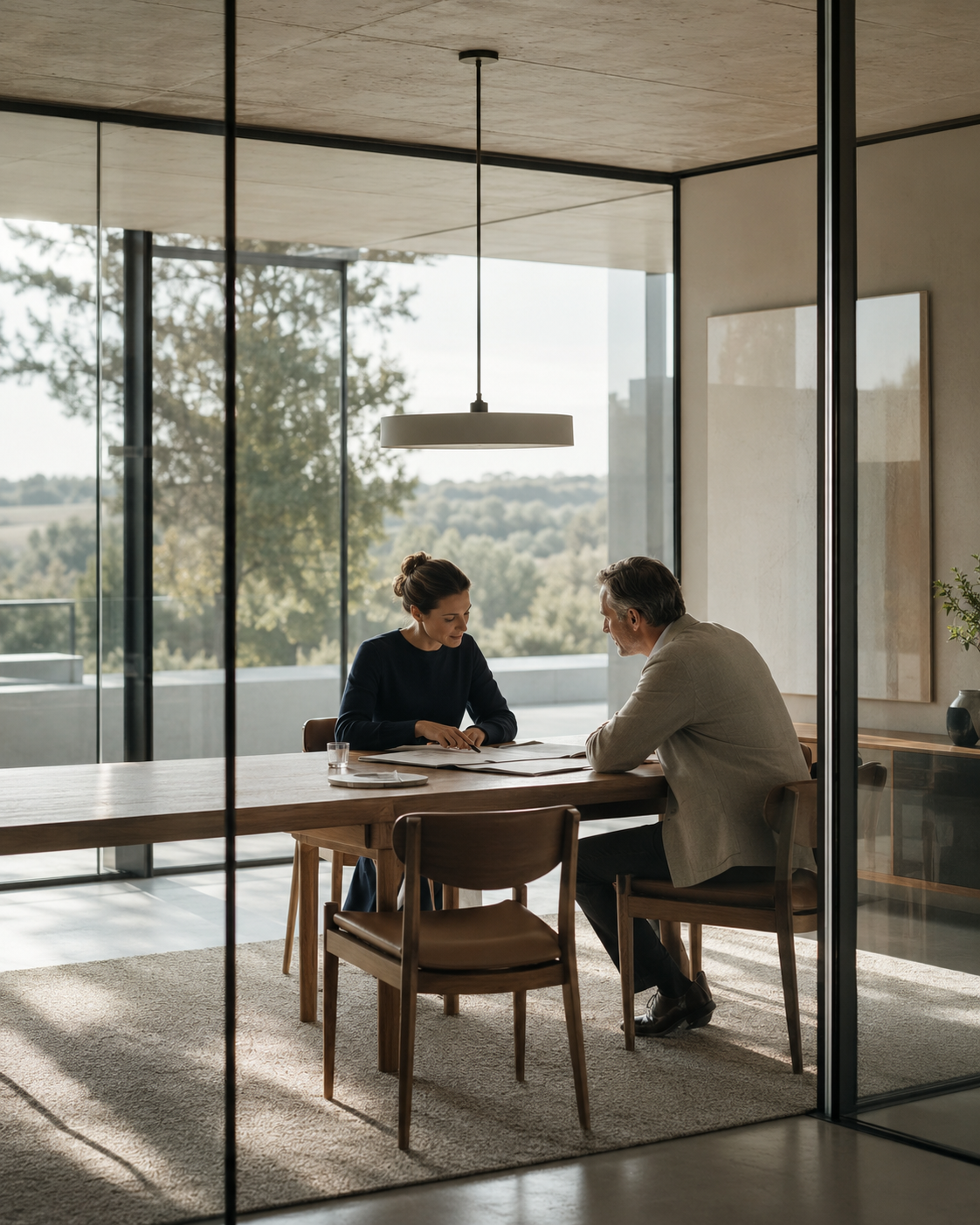 Financial adviser presenting a retirement income plan to a client in a bright meeting room