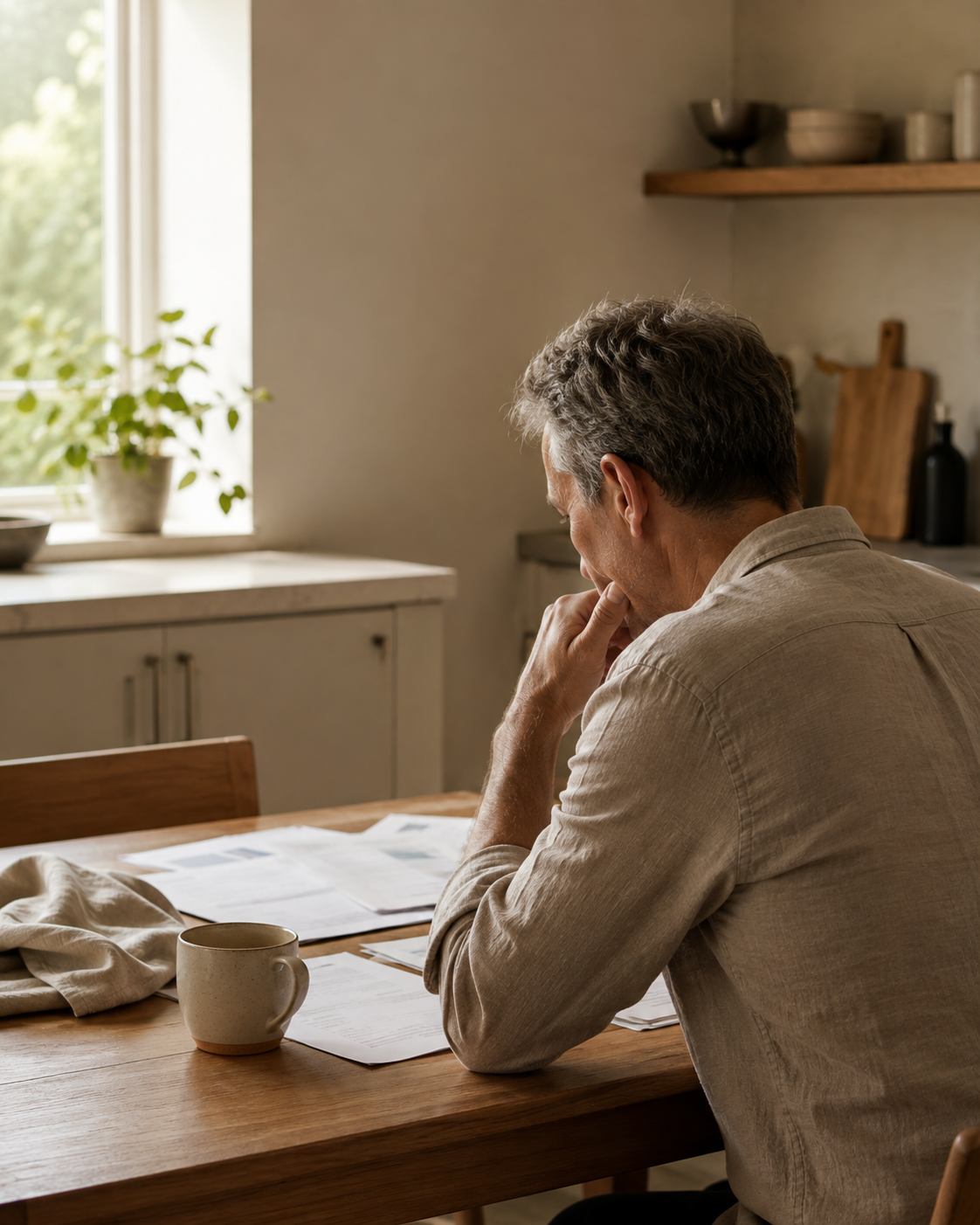 Person reviewing pension statements at a kitchen table, working out their future retirement income