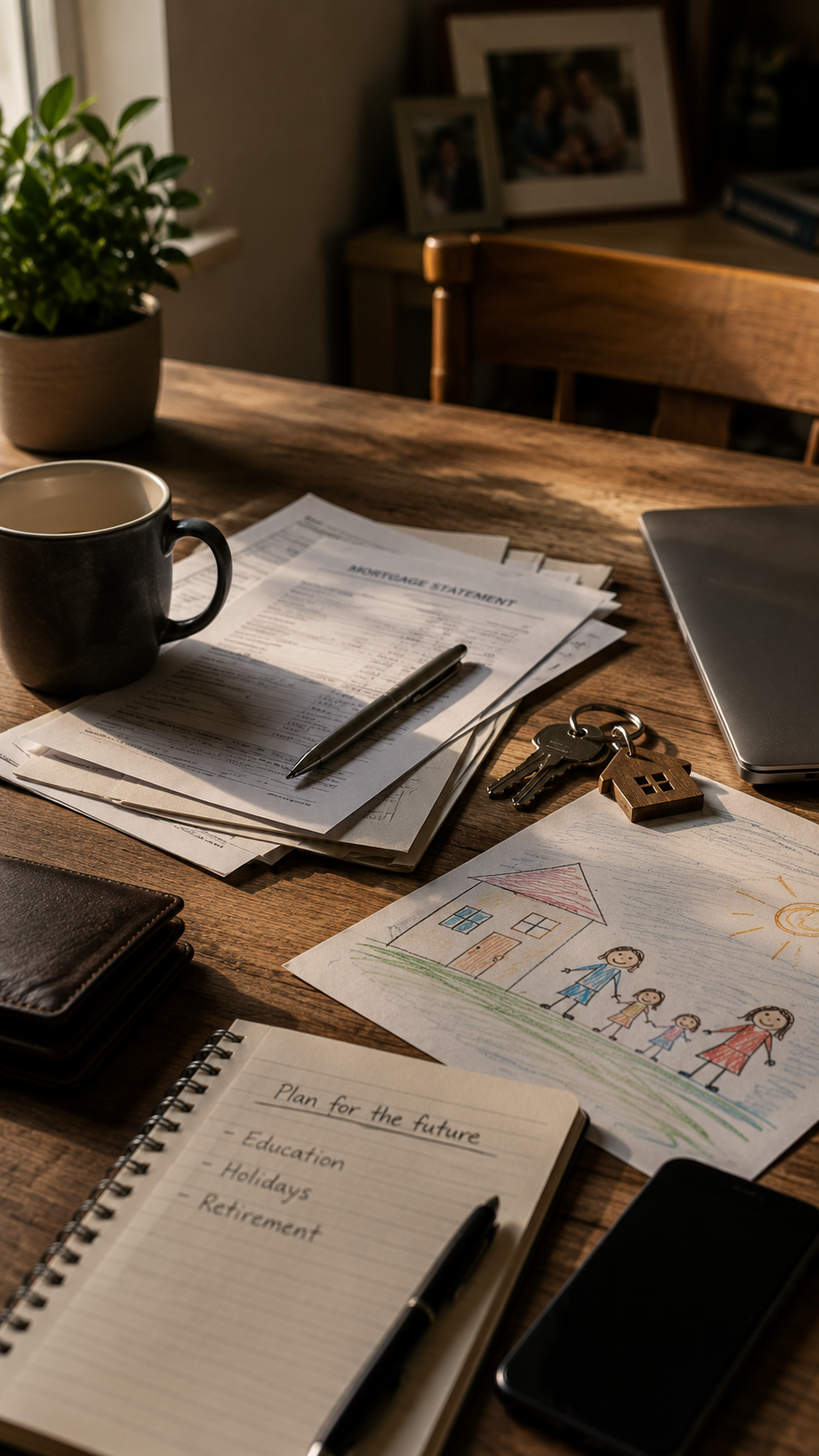 Mortgage paperwork, family drawing, coffee and laptop on a table, representing everything you've worked hard to build and protect.