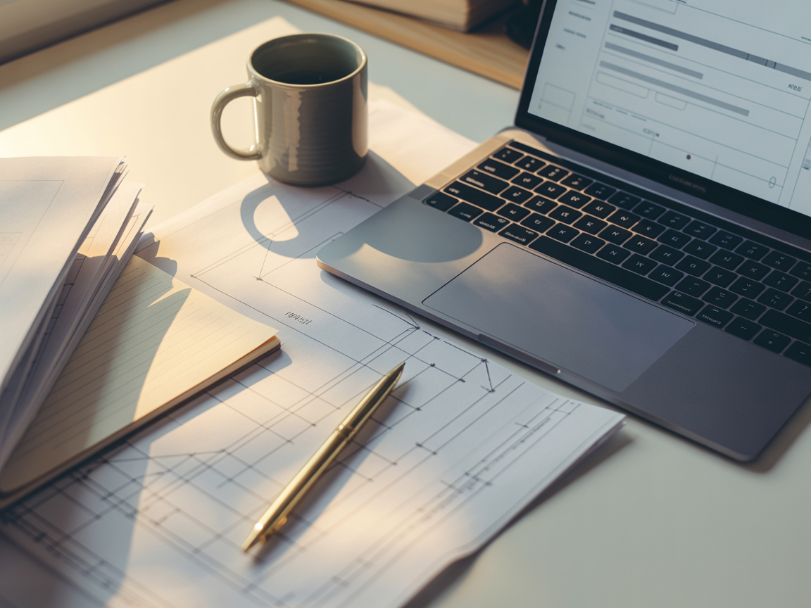 Desk scene with a laptop, notepad, and soft blueprint-style overlays symbolising strategic mortgage planning and wealth building.