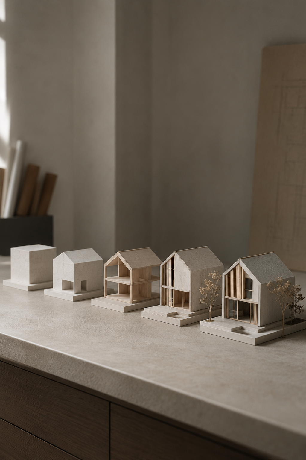 Row of architectural models increasing in detail, representing the stages of building an investment strategy