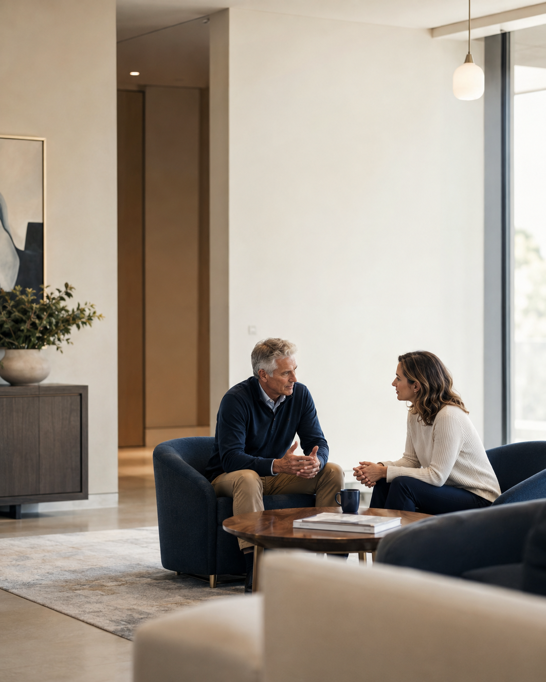Adviser and client in calm, genuine conversation in a bright lounge setting, discussing estate and legacy planning