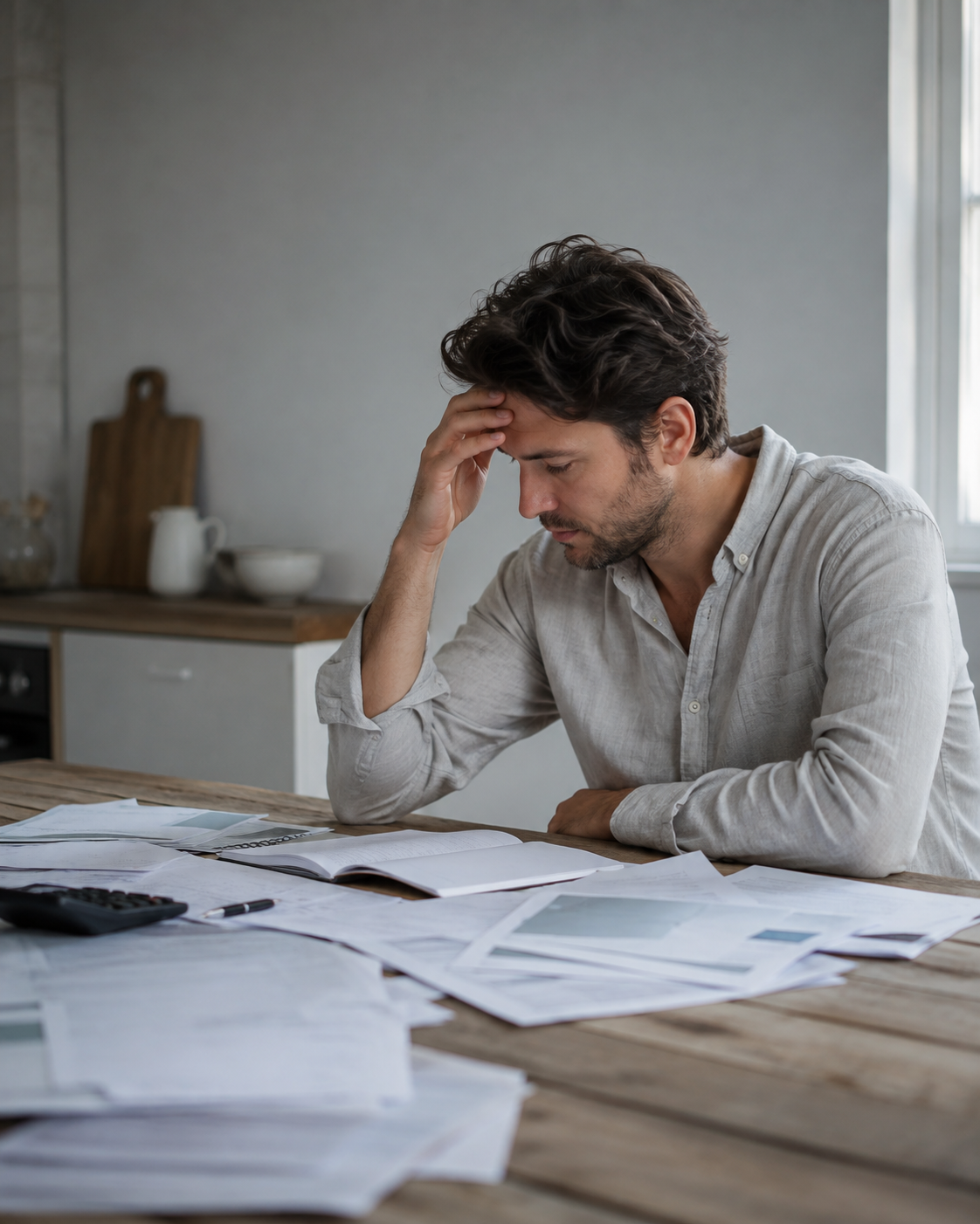 Person surrounded by mortgage paperwork at a kitchen table, reflecting how confusing the mortgage process can feel