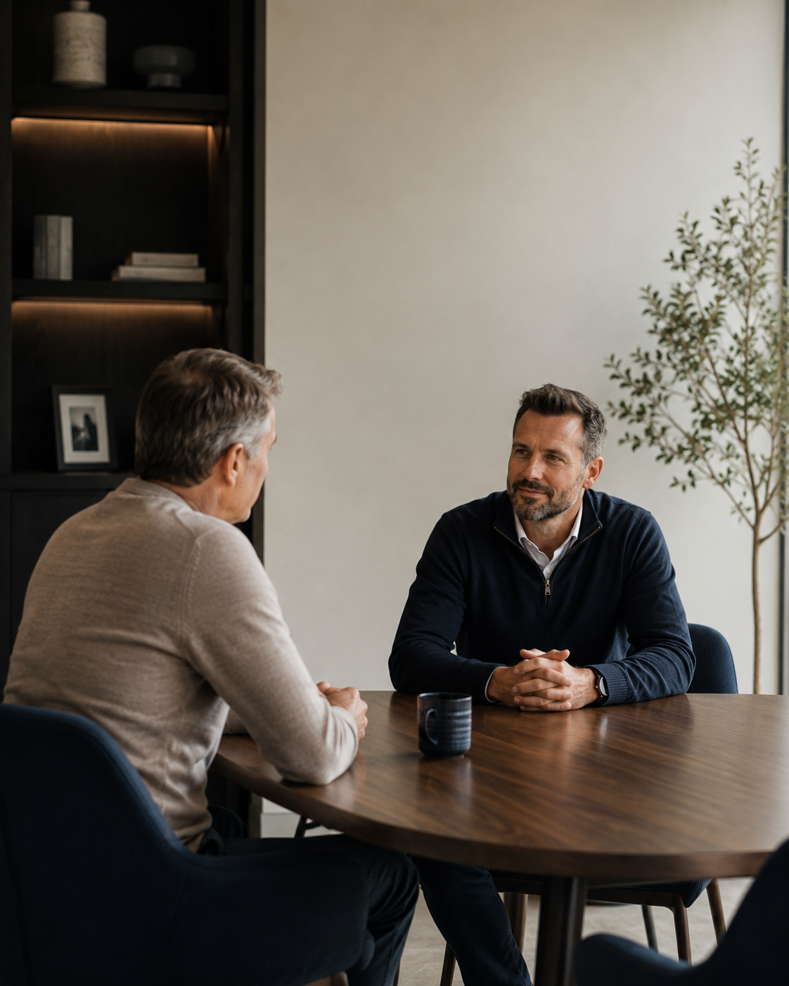 Adviser and client in genuine conversation across a simple table, discussing estate and legacy planning