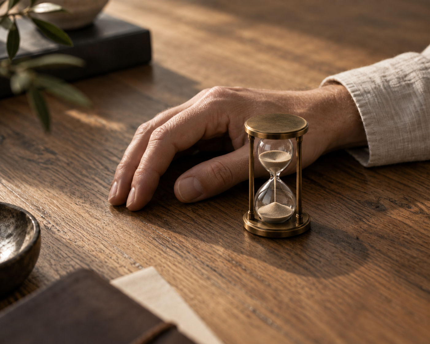 A hand resting beside a small hourglass on an oak desk, representing pensions and long-term patient growth