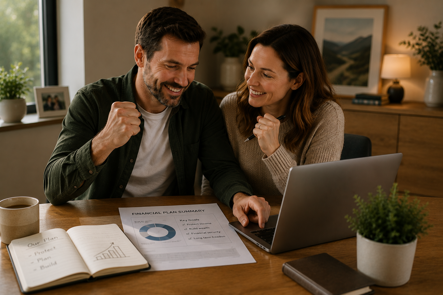 Couple reviewing their financial plan together after creating a protection strategy tailored to their future goals.
