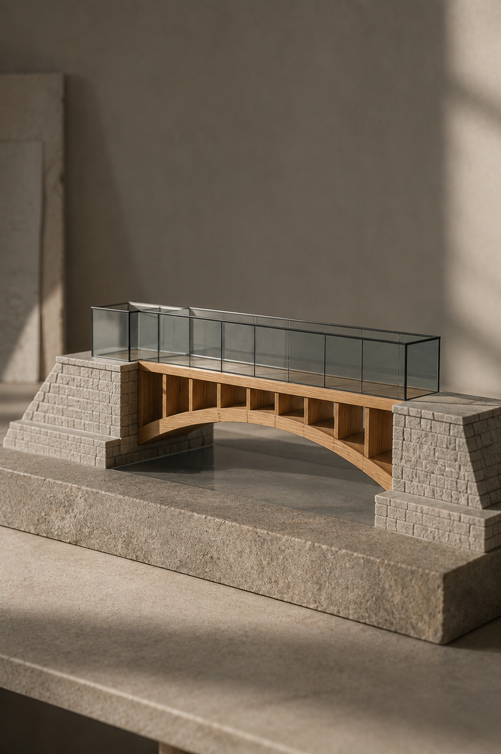 Architectural bridge model combining stone, timber and glass, representing investments, pensions and property working together