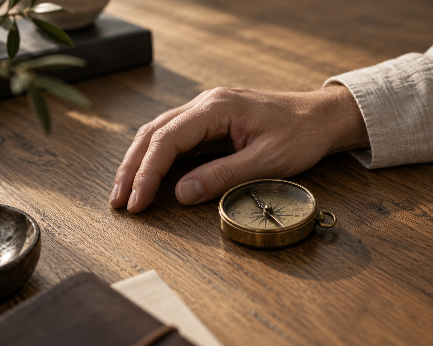 A hand resting beside a small brass compass on an oak desk, representing financial planning and direction