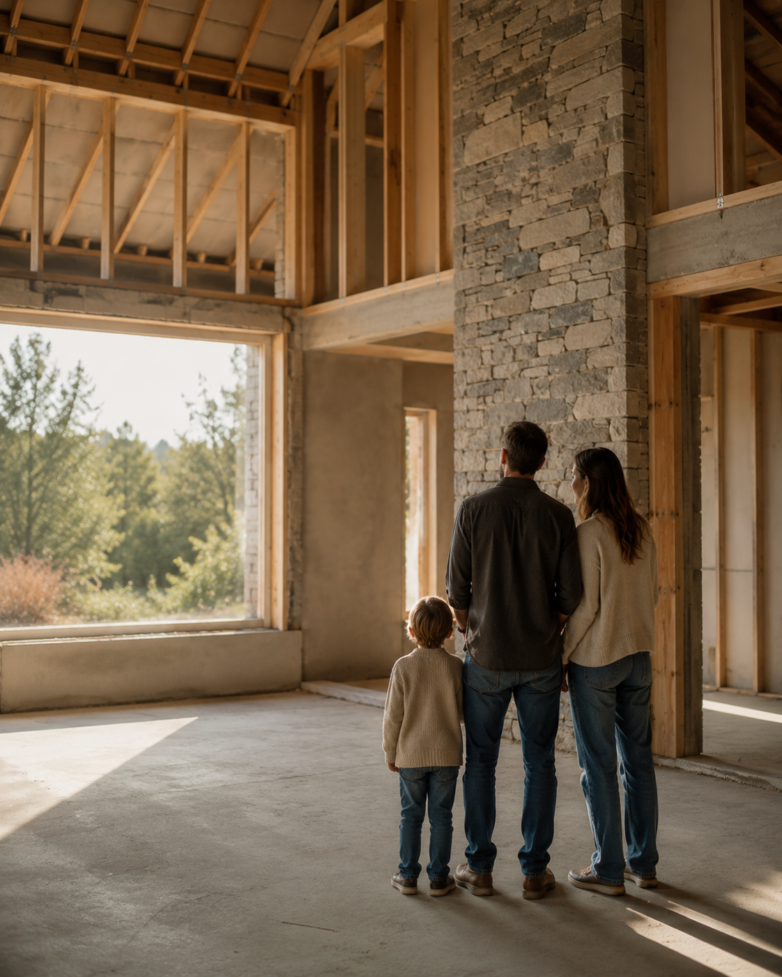 Family standing together outside a new-build home, representing the strong foundations behind a secure retirement income plan