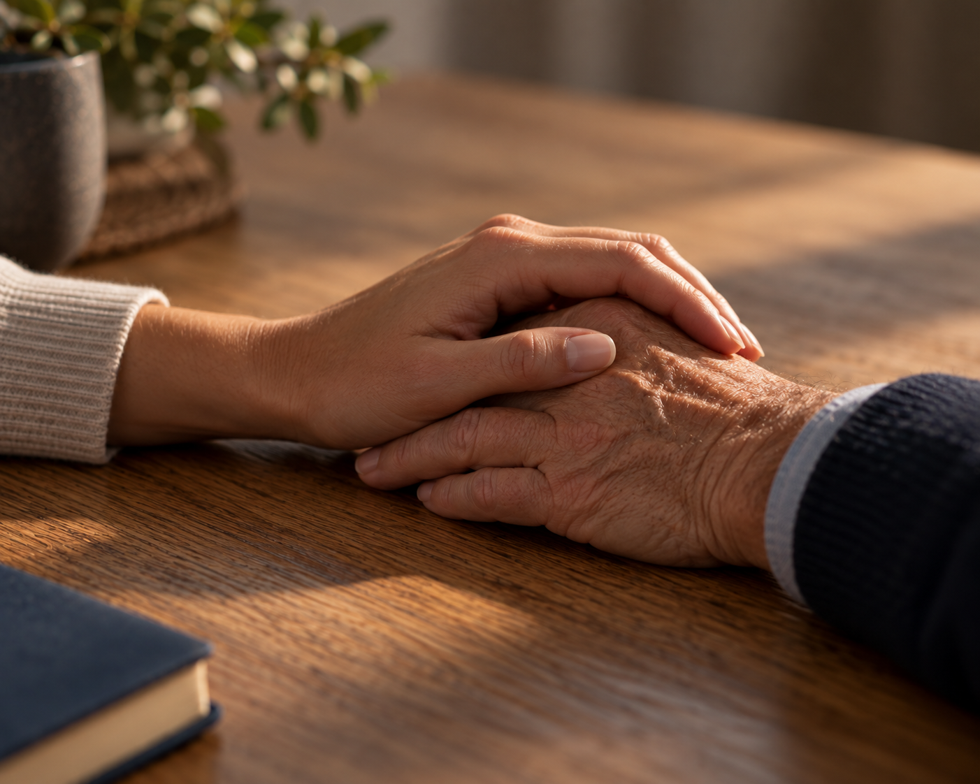 Two hands, one older and one younger, resting together on an oak desk, representing estate and legacy planning across generations