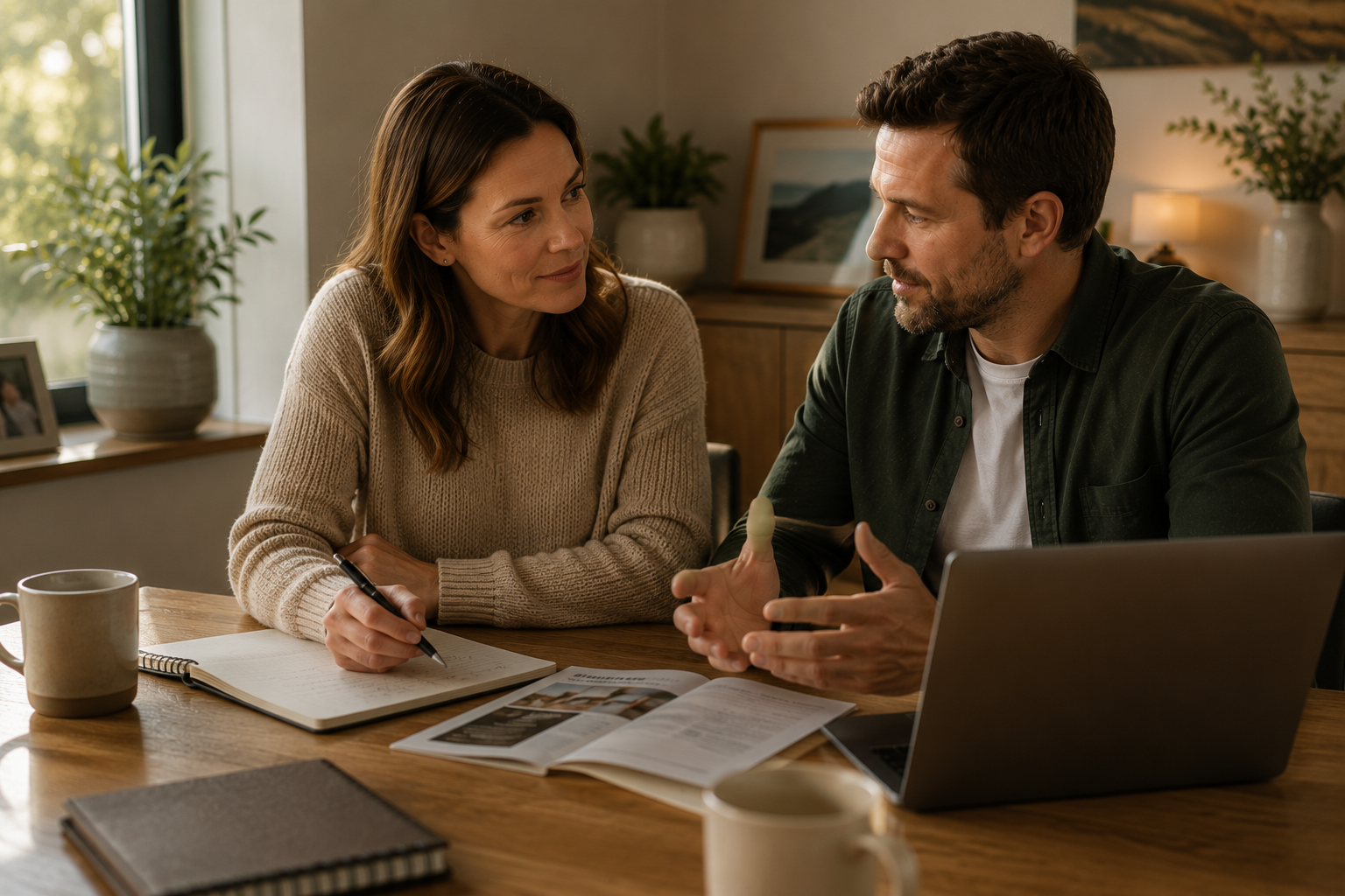 Couple discussing their financial priorities together over coffee while planning their protection needs.