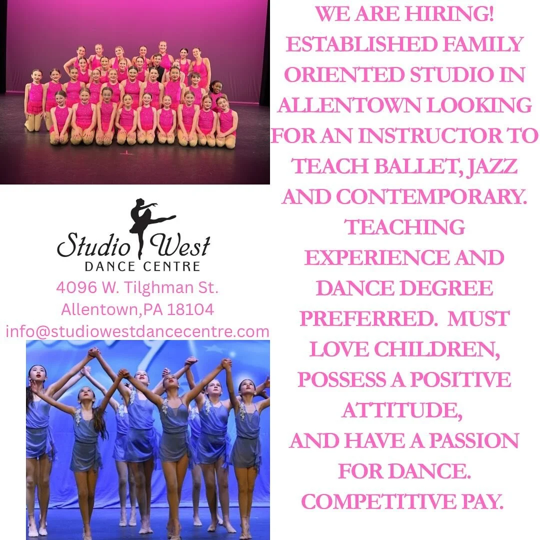We are hiring! Join our team! Email Shannon at info@studiowestdancecentre.com