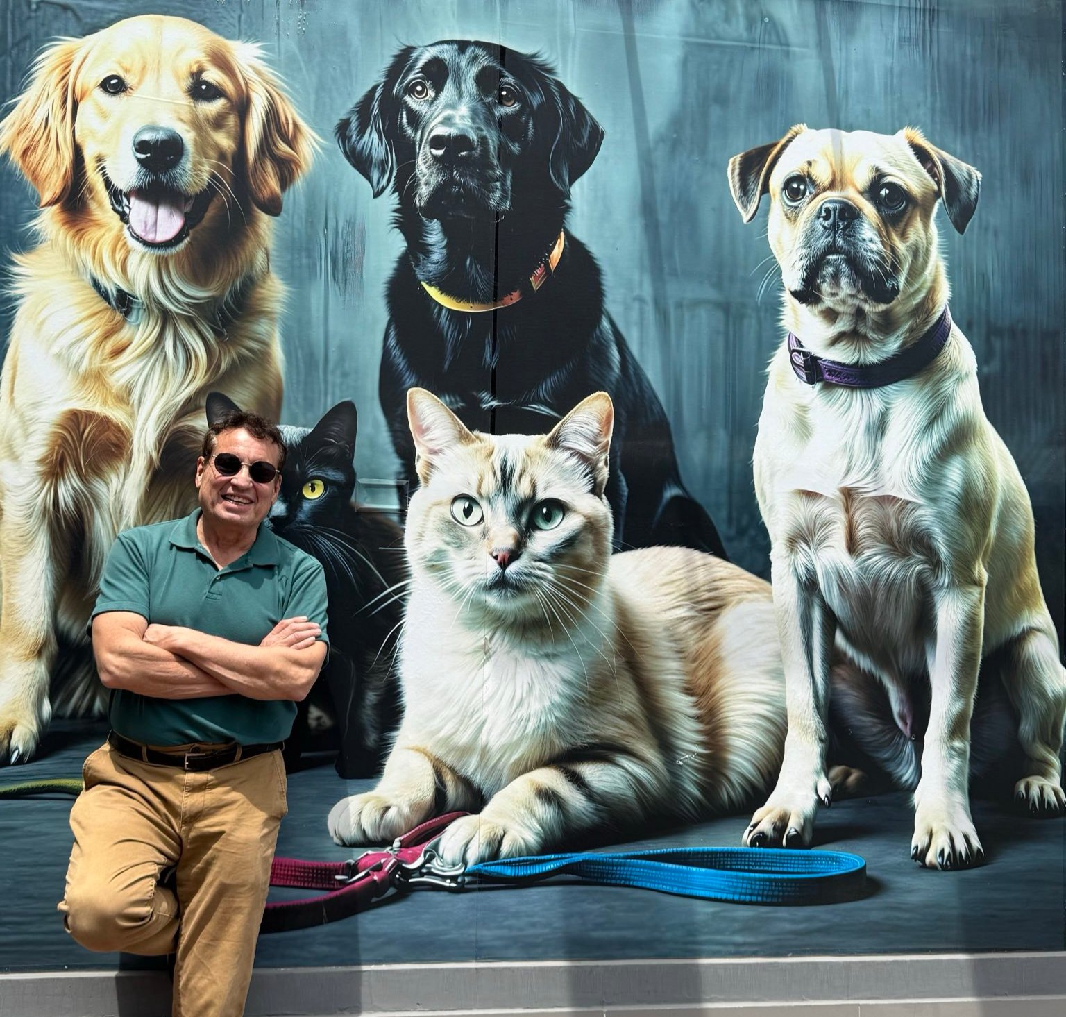 Man wearing sunglasses and a green polo shirt standing with arms crossed, smiling in front of a large mural featuring three dogs and two cats. The mural includes a golden retriever, a black lab, a bulldog, and two cats, one black and one cream-colored with blue eyes.