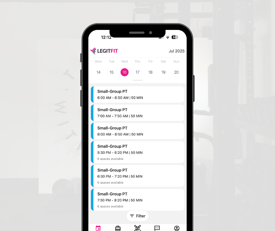 Smartphone screen displaying the LegitFit app with scheduled small-group personal training sessions for July 16, 2025, showing times between 5:30 AM and 8:20 PM, with filter and navigation icons at the bottom.