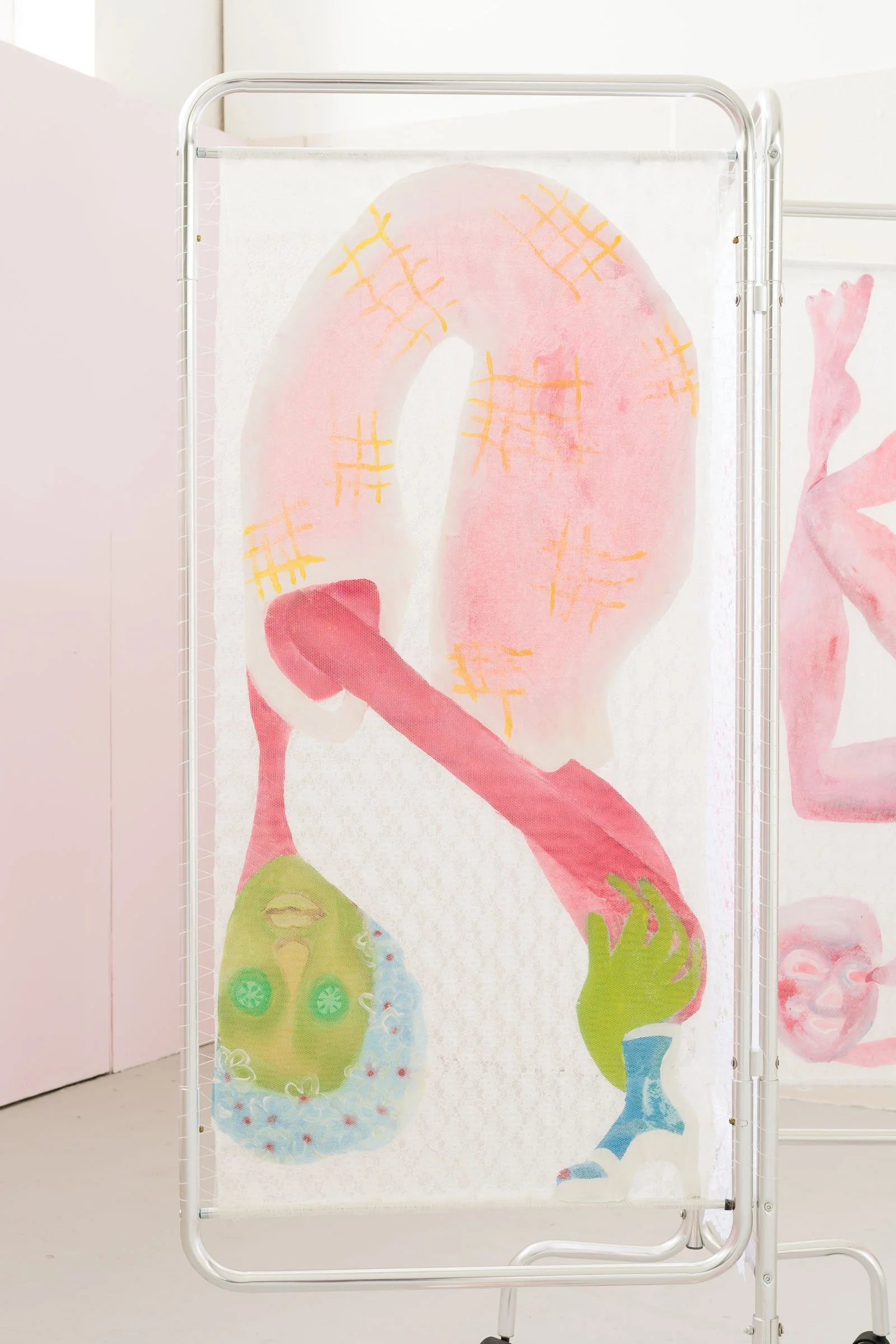 Glamour Rites, Hospital screen, Acrylic paint on Muslin and Lace, 2025