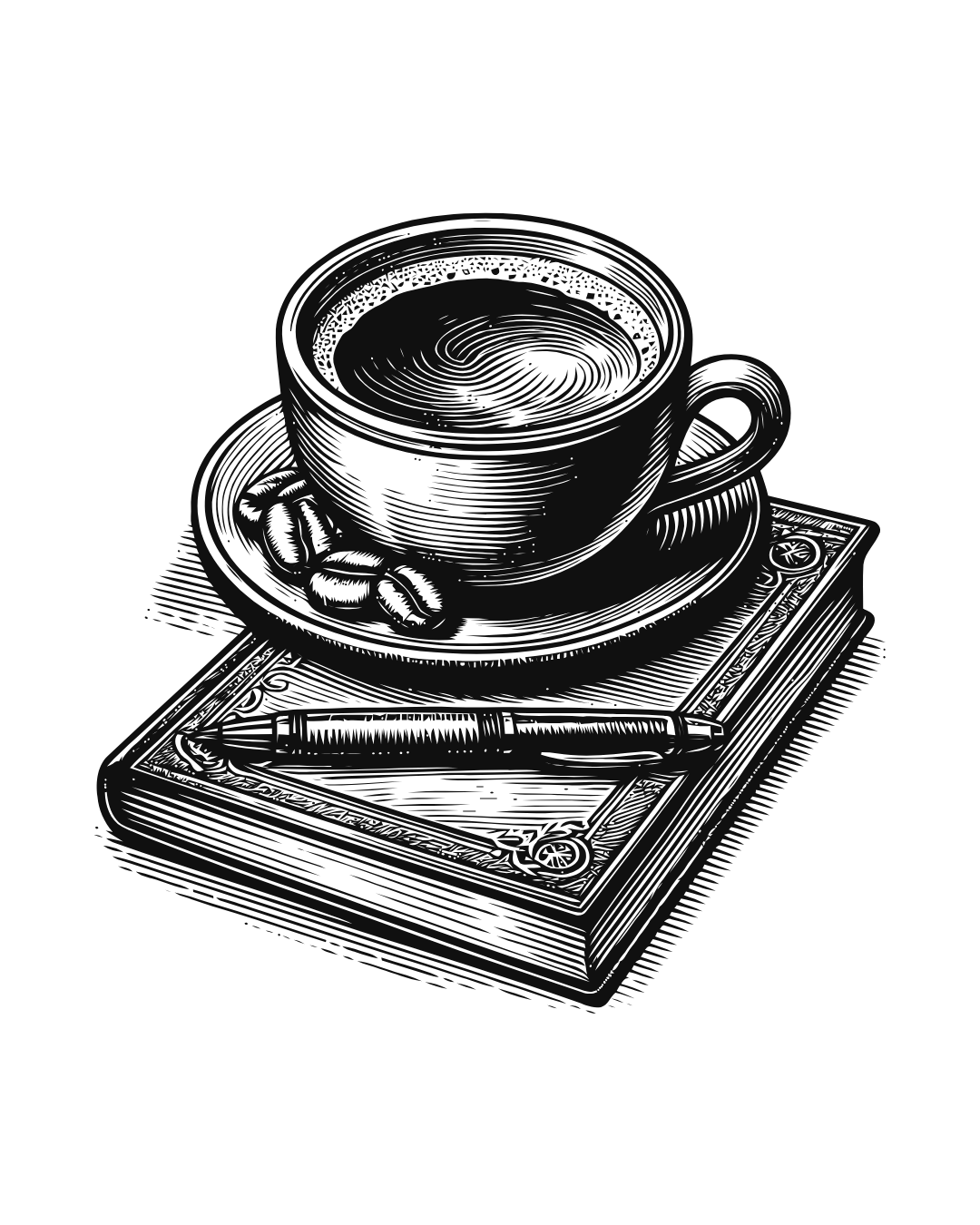 drawing of a coffee cup and an old notebook