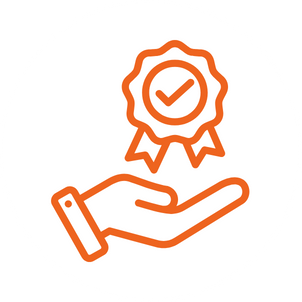 A hand holding a badge or award with a checkmark inside a circle, representing achievement or certification.