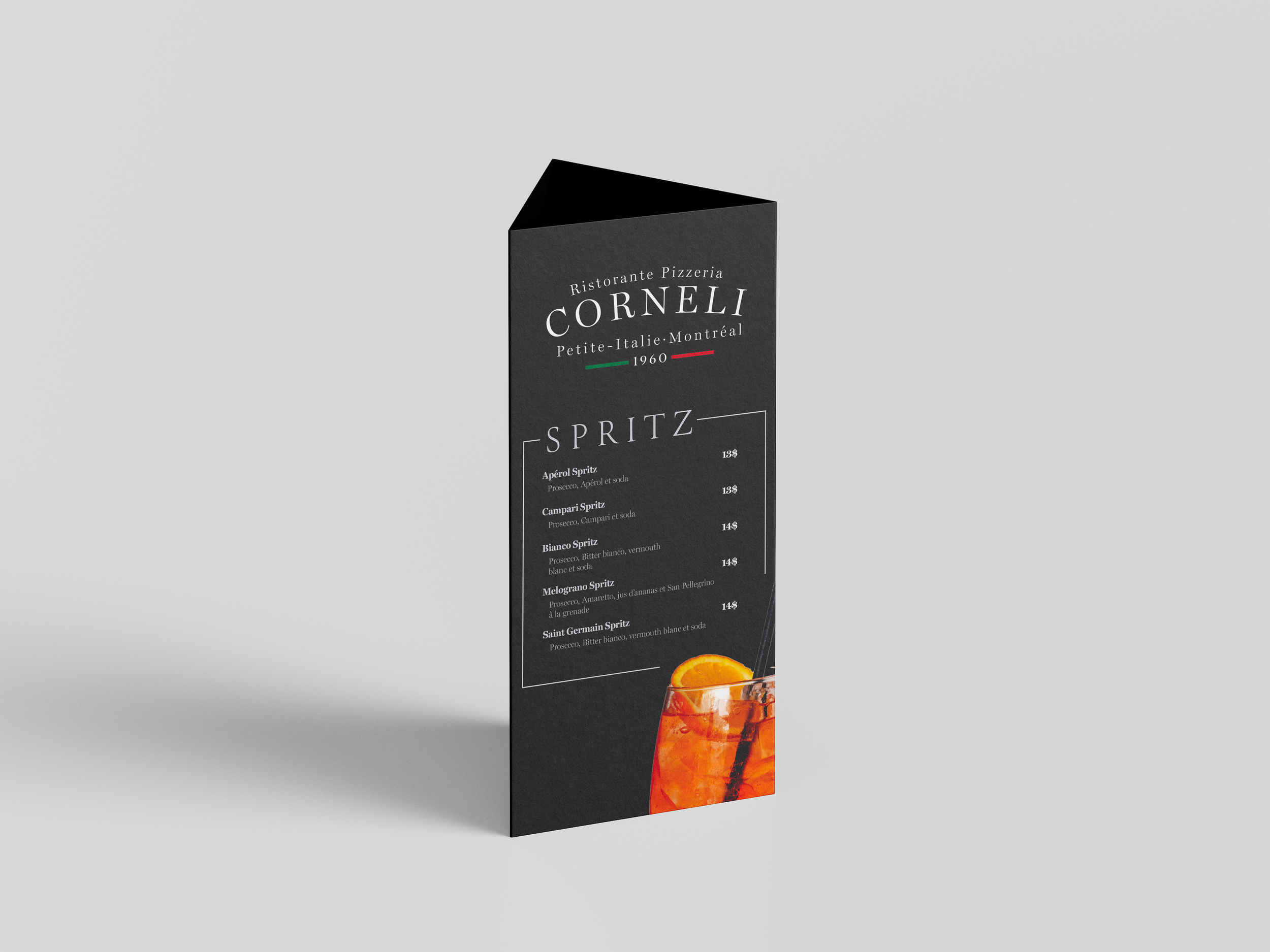 Menu de bar en français avec liste de spritz et image d'un cocktail à l'orange
