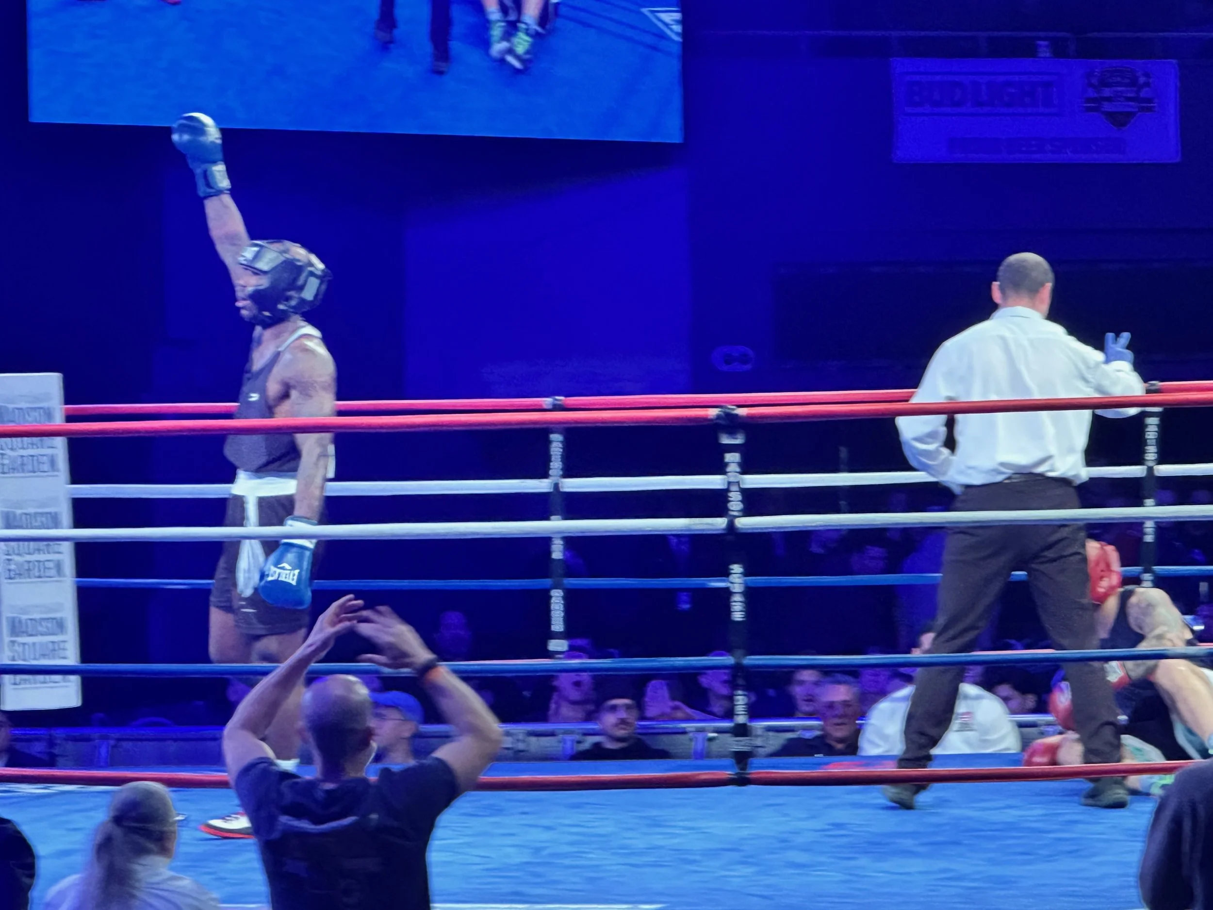 A boxing match with a victorious boxer raising his arm in the corner of the ring, while the referee makes a gesture to the defeated boxer, who is on the ground wearing red gloves, and an audience watching behind the ropes.