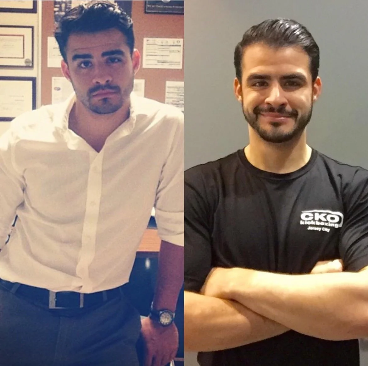 Side-by-side photos of a man before and after a transformation, showing a change in hairstyle and appearance, with the right photo depicting the man smiling and wearing a black shirt with a kickboxing logo.