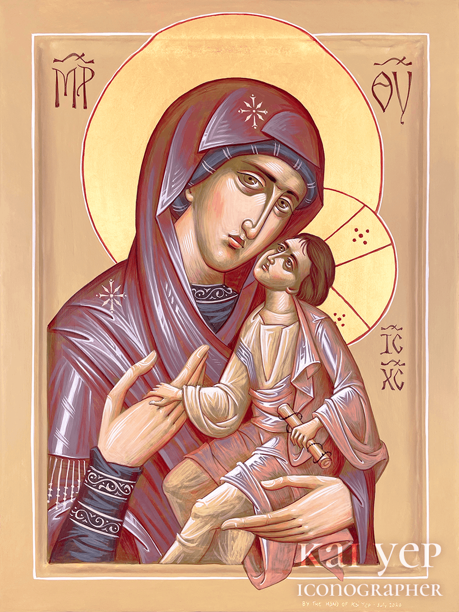 An icon of the Virgin Mary holding the infant Jesus, depicted in traditional Christian Orthodox style with halos and Greek inscriptions in the background.