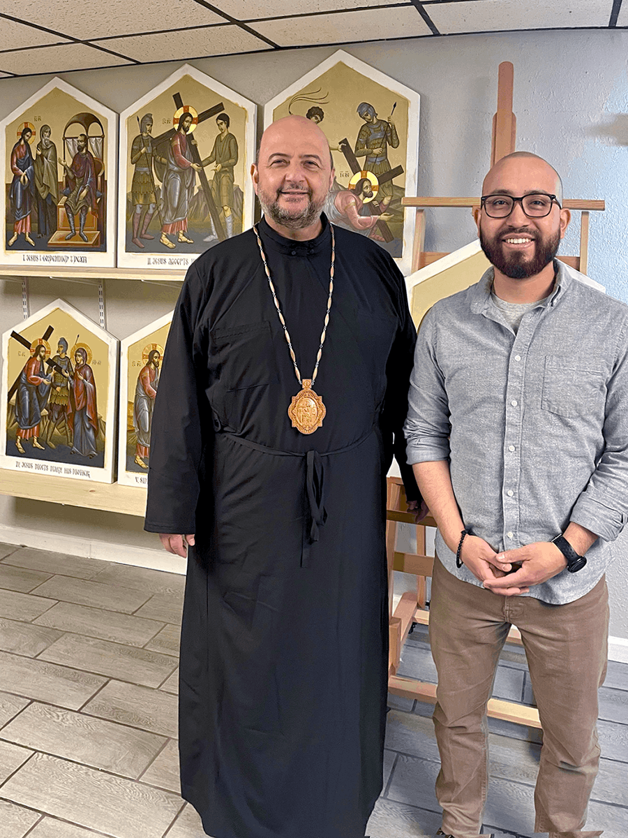 Bishop François Beirouti (Melkite Greek Catholic Church in America) visits Kai's studio.