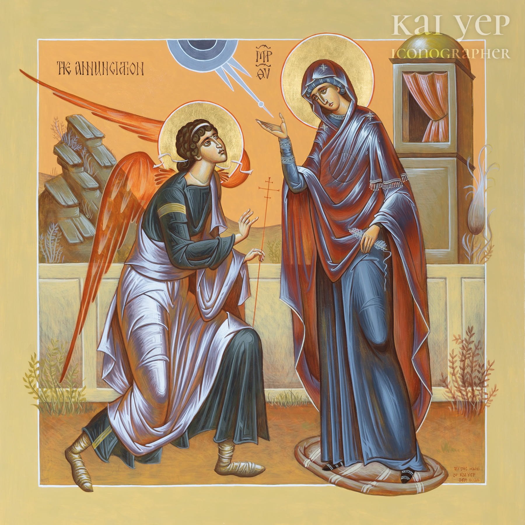 Religious iconography depicting the Annunciation, with Angel Gabriel kneeling and speaking to the Virgin Mary with a mountain and a building in the background.