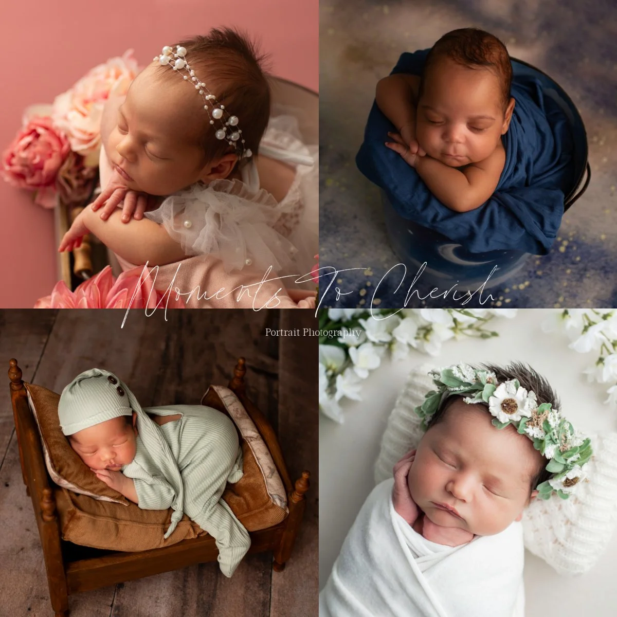 A collage of 4 professional newborn photos