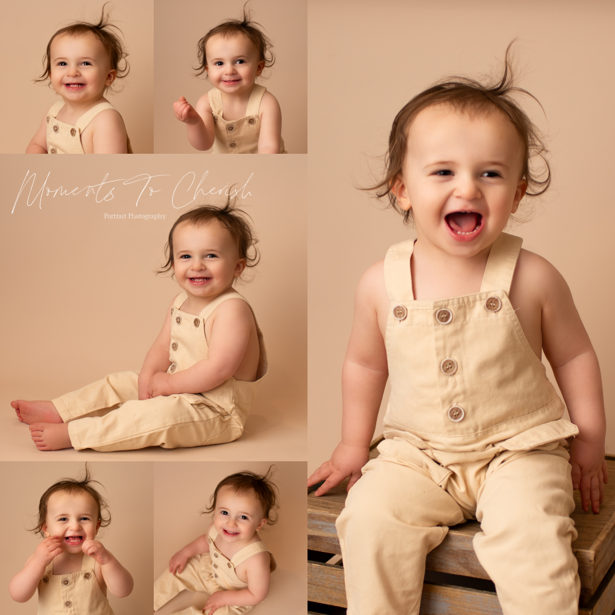 Collage of toddler boy on a beige background. He is wearing cream colored overalls and has a different expression in each image