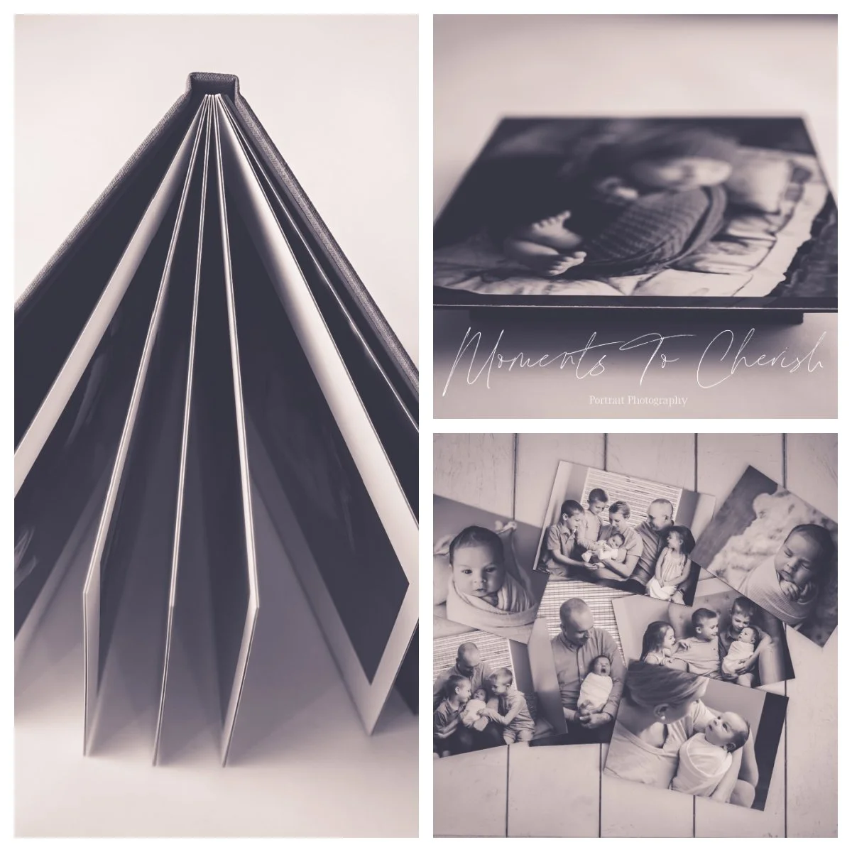 Collage of black and white photos showing 3 different print options such as a photo album, acrylic wall portrait and mounted 5x7  prints