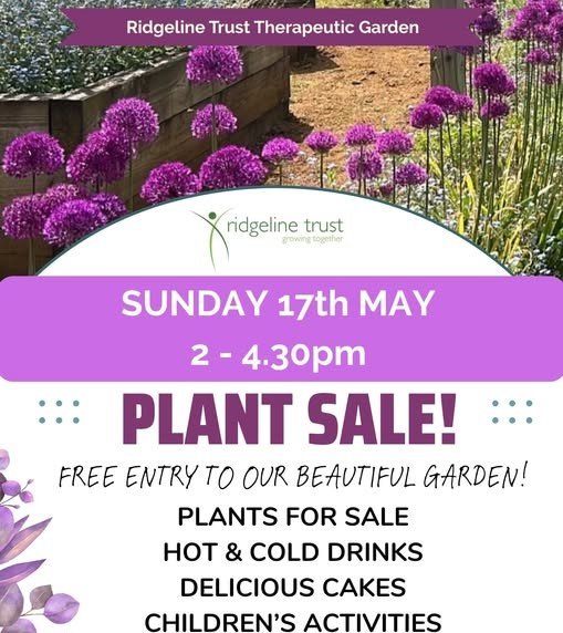 Poster for plant sale showing chives flower heads and raised bed in the background
