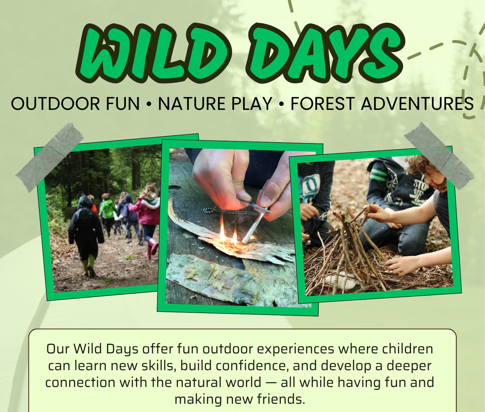 photos of children walking, lighting a fire and building a fie from twigs