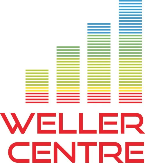 four vertical coloured bars making a step pattern with the words "Weller centre" underneath