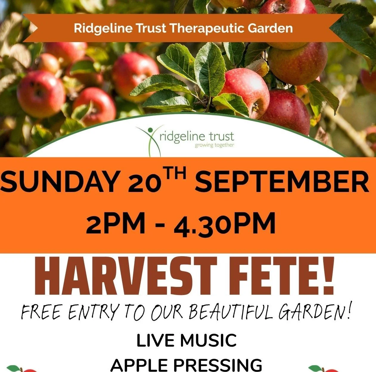 Photograph of apples on a tree in the background, overlaid with text about Harvest fete event
