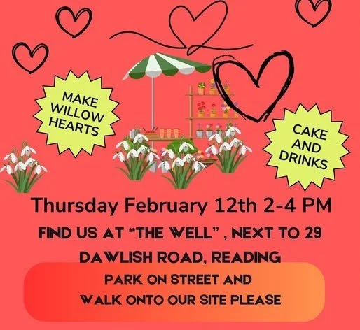 drawing of hearts and snowdrops on red background with text giving details of the event