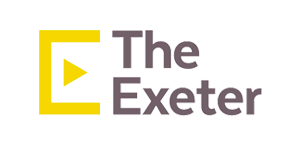 Logo of The Exeter with a yellow rectangular shape and a play button icon