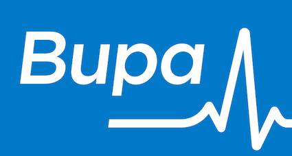 Bupa logo with text and heartbeat line on blue background.