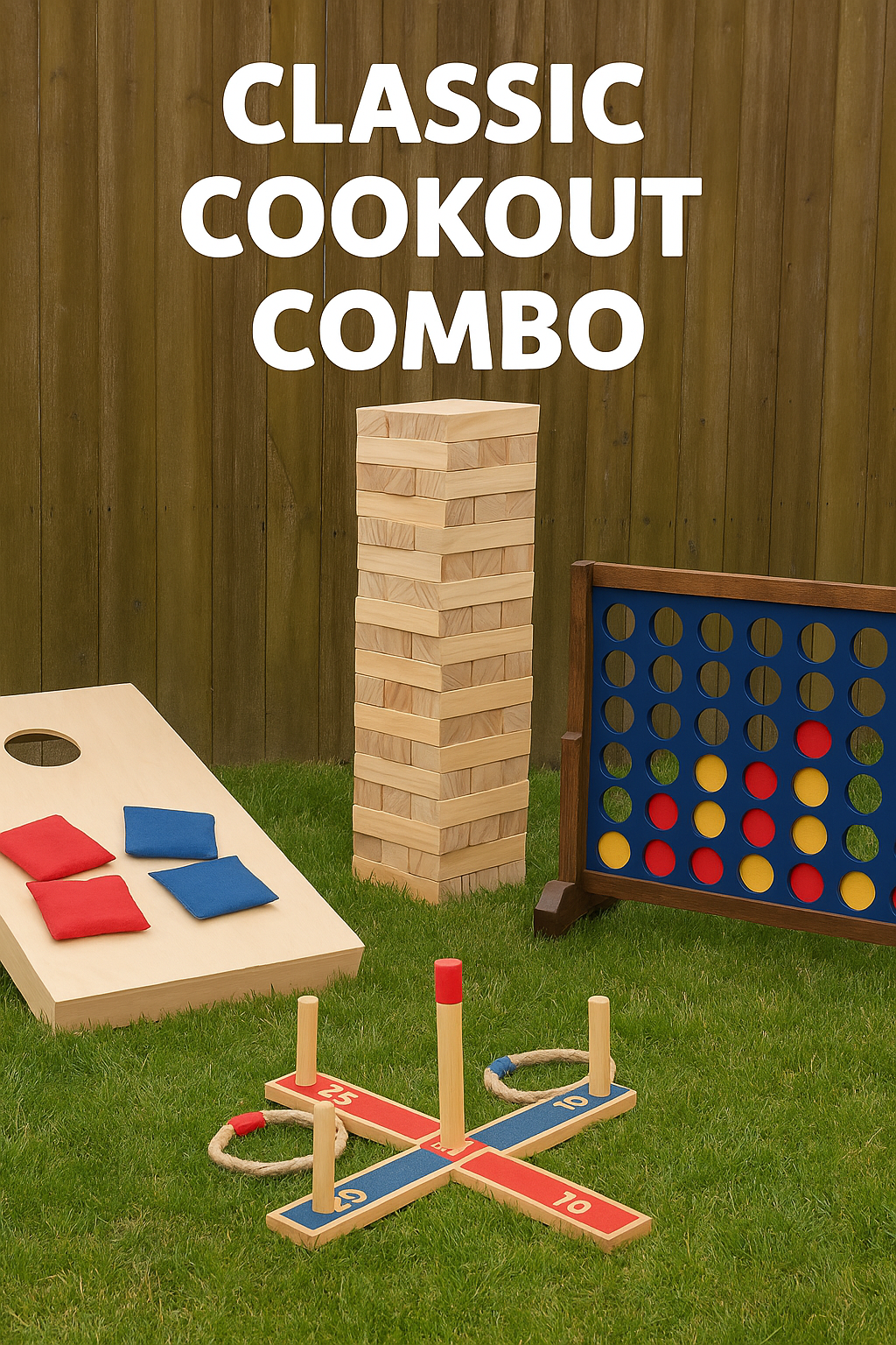 An outdoor backyard scene with indoor games, including a giant Jenga tower, a Connect Four game, bag toss game, and a oversized Twister game. There is also a cornhole board with red and blue bean bags on a grassy area with a wooden fence in the background.