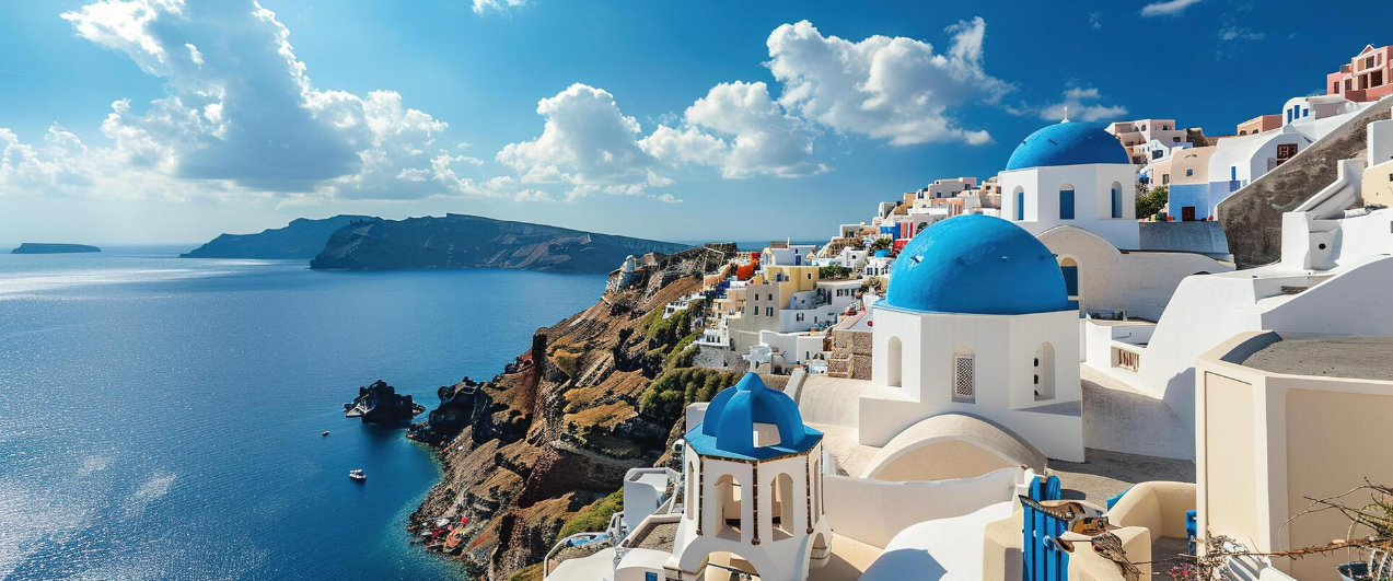 Scenic view of white buildings with blue domes on a hillside overlooking the ocean in Santorini, Greece, with a clear blue sky and scattered clouds.