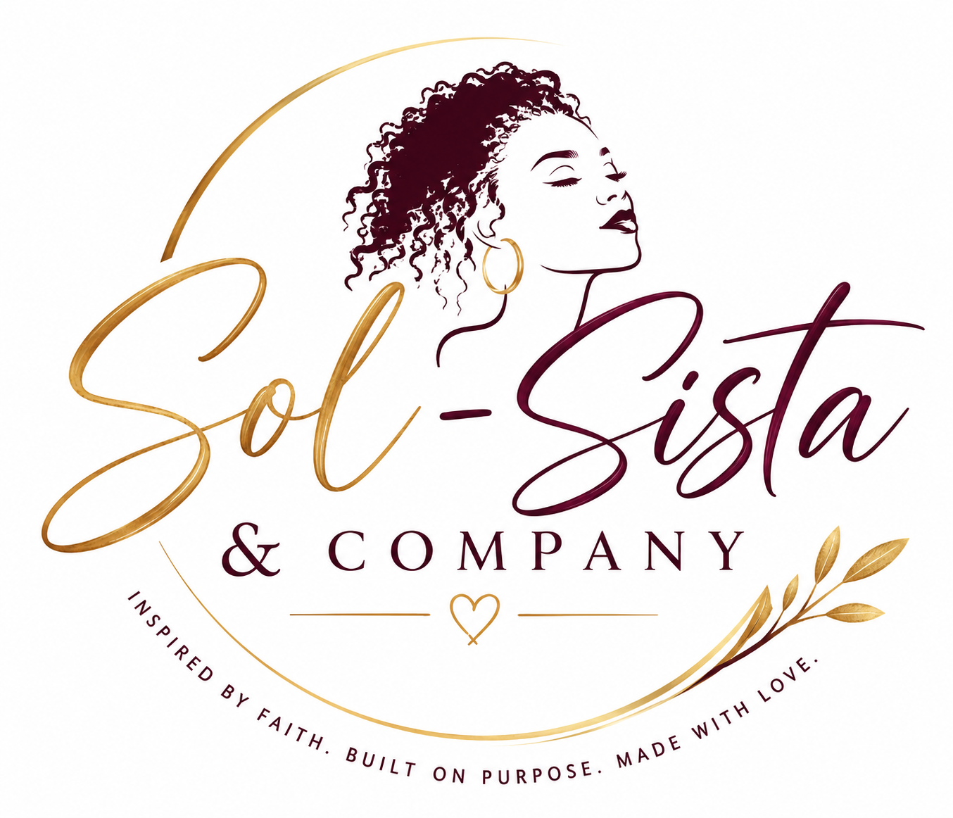 Logo for Sol Sister & Company featuring a line drawing of a woman with curly hair and hoop earrings, with gold and burgundy text and decorative elements.