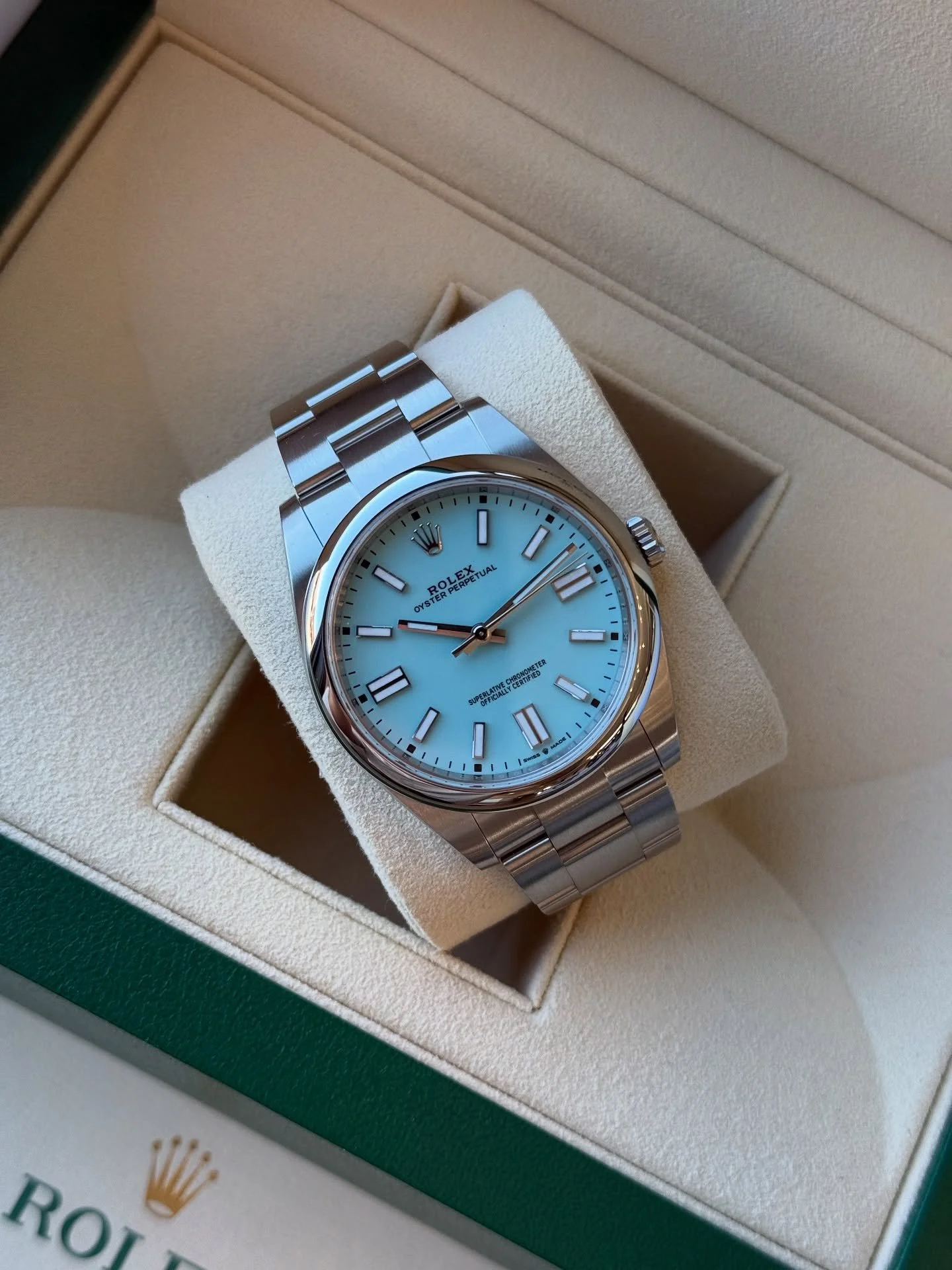 The Rolex Oyster Perpetual 41mm &ldquo;Tiffany&rdquo; dial has remained one of the hottest and most sought after Rolex models of all time. Released in 2020 and discontinued in 2022, the original MSRP of this watch was just north of $6,000.

Current m