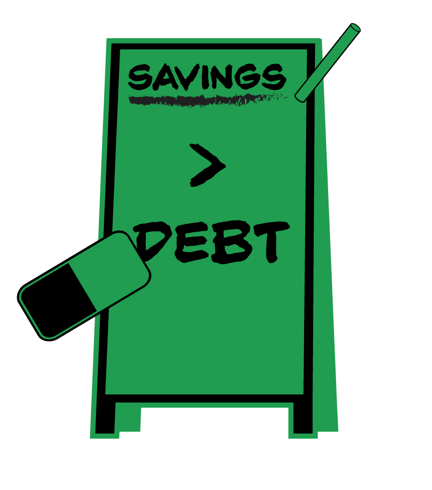 A green signboard with the words "Savings > Debt" written on it, with a small eraser and a pencil attached to the board.