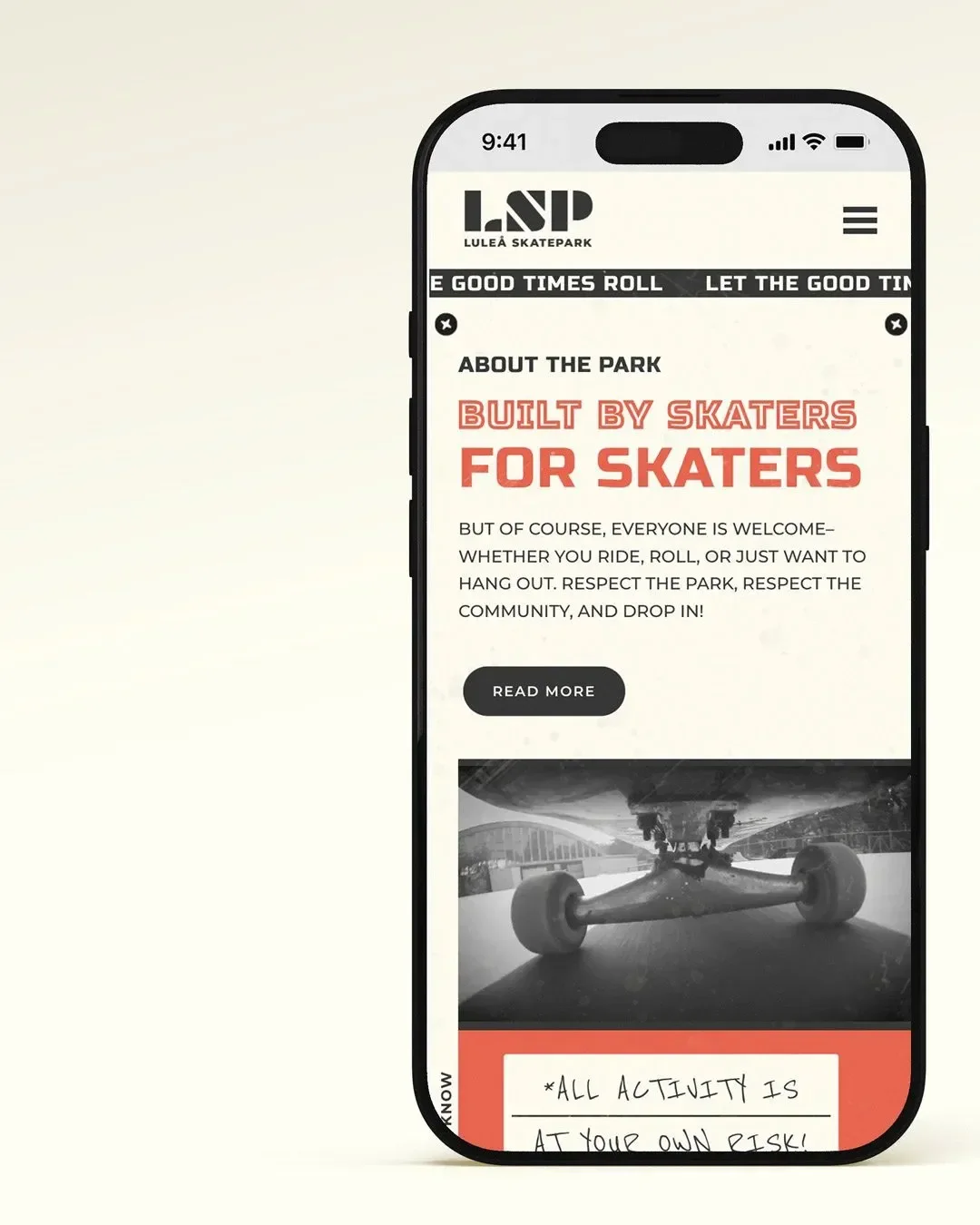 Mobile view of Luleå Skatepark website showing “Built by skaters for skaters” section with skateboard photo and handwritten notes, representing responsive web design.