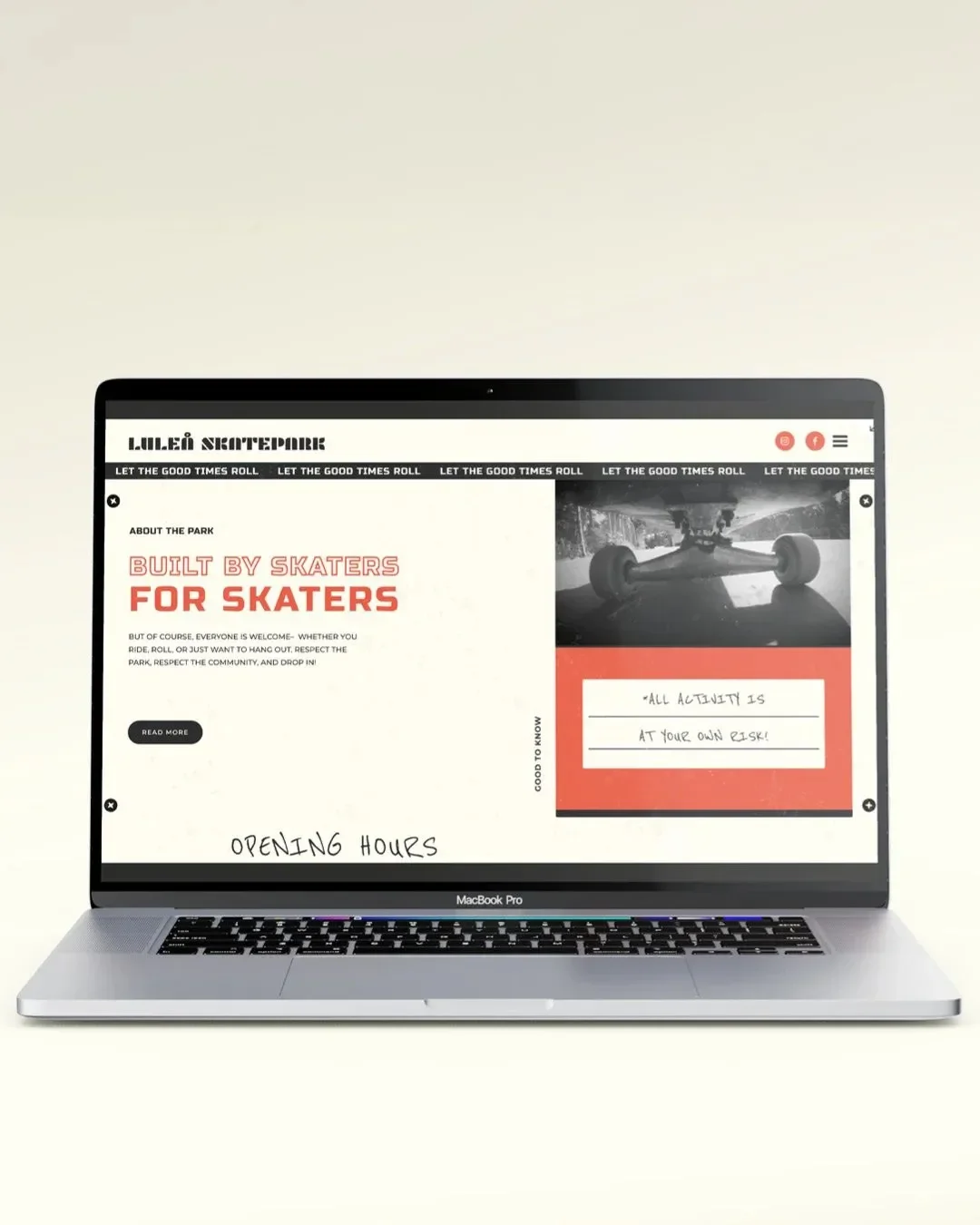 Laptop screen showing desktop version of Luleå Skatepark homepage with slogan “Built by skaters for skaters,” part of responsive web design presentation.