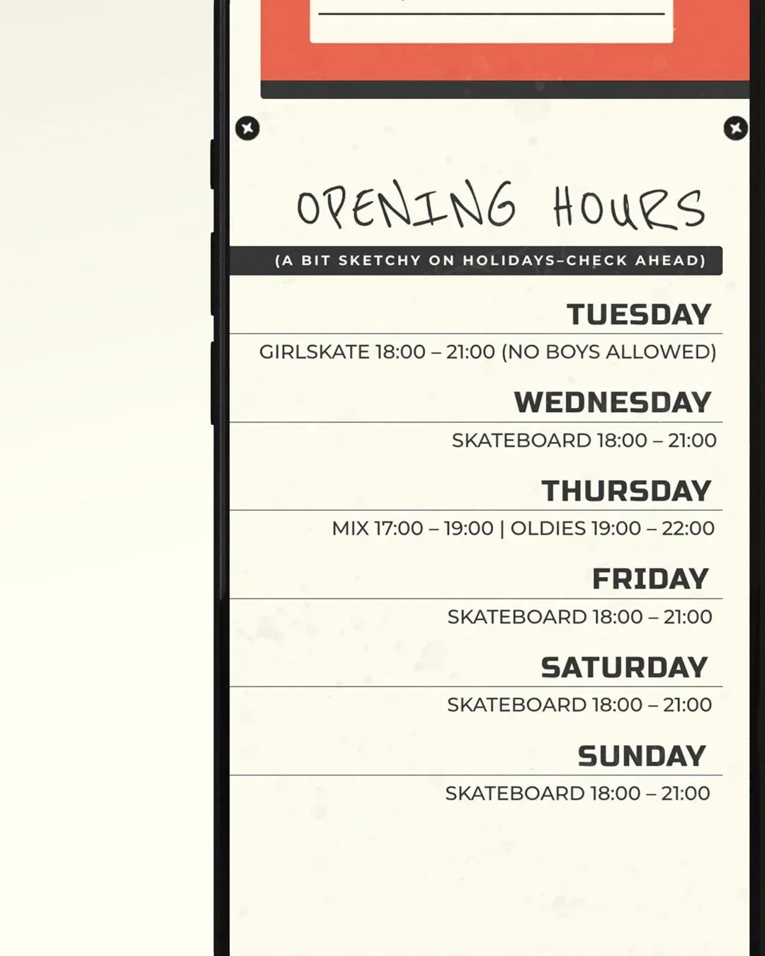 Smartphone screen displaying Luleå Skatepark opening hours schedule in hand-drawn style typography, highlighting the park’s playful and authentic branding.